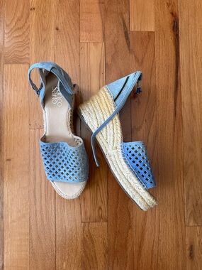 Franco Sarto Light Blue Laser Cut Out Espadrille Wedge Sandals